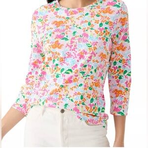 Kim Rogers Women's 3/4 Sleeve Scenic Print T-Shirt in Multi-floral Garden